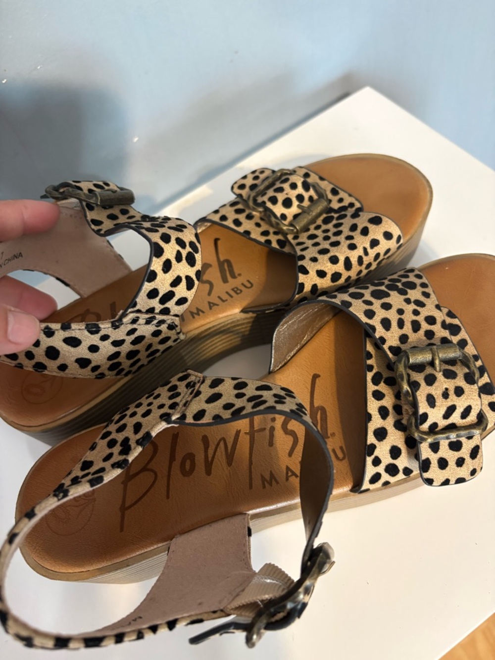 Blowfish Leopard Print Tan and Black Buckle Sandals
